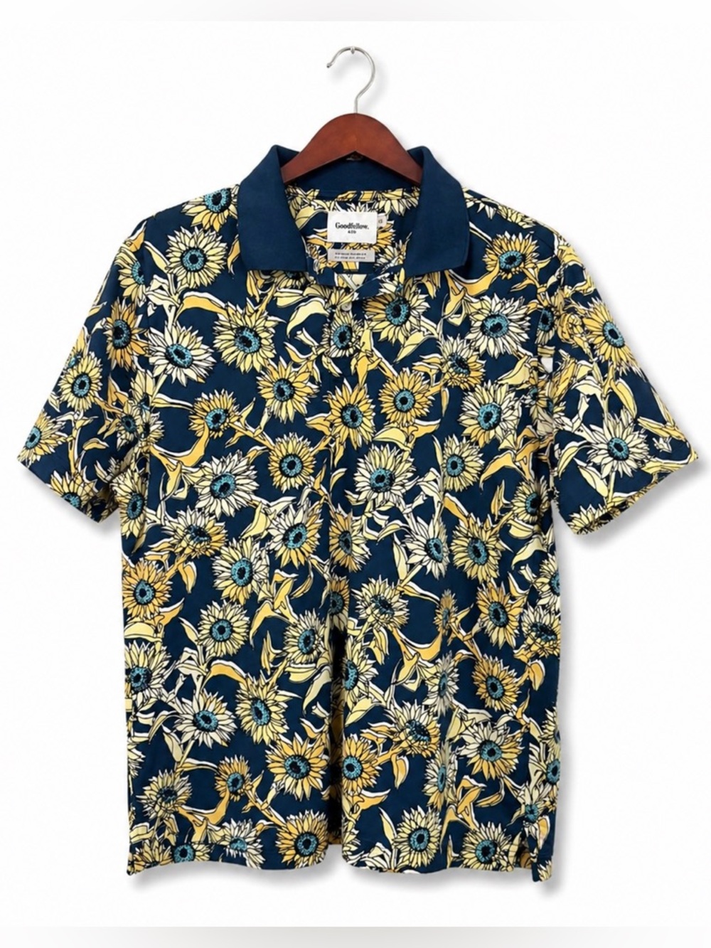 Floral Polo Shirt XL Blue Sunflower Print Short Sleeve Summer Vacation